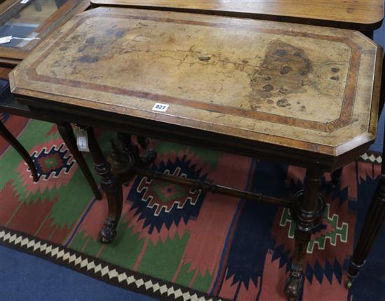 A Victorian band-inlaid walnut folding top card table (top a.f.), W.90cm